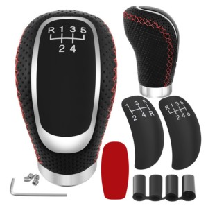 Gałka zmiany biegów uniwersalna skórzana PU 5/6 biegów + neutralny, sportowa czarna z chromem i czerwonym przeszyciem, adaptery M8 M10 M12, do manualnej skrzyni biegów, szybki montaż DIY