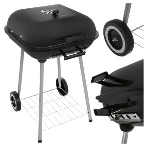 Grill Ogrodowy Węglowy z Pokrywą i Rusztem 43,5 x 38,5 cm Mobilny Grill BBQ na Kółkach z Półką Dolną Regulacją Powietrza i Certyfikatem LFGB Czarny