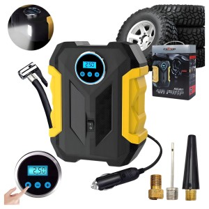 Kompresor Samochodowy 12V LCD LED 150 PSI 10 Bar Pompka Elektryczna do Opon z Automatycznym Wyłączaniem Manometrem Latarką LED i Końcówkami do Auta Roweru Motocykla Piłek Materacy