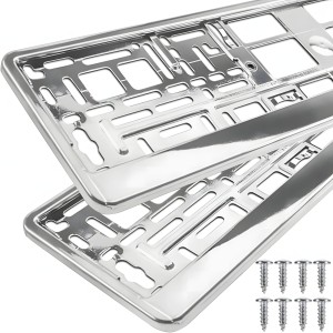 Ramka pod tablicę rejestracyjną srebrna 2 szt. EU uniwersalna ramka samochodowa 520x110 mm z listwą zatrzaskową systemem amortyzującym bez wiercenia tablicy chromowany ABS komplet przód + tył z śrubami montażowymi