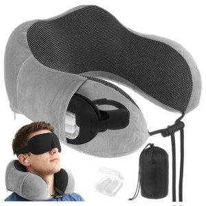Poduszka podróżna na szyję rogal 3D z pianki memory foam do samolotu samochodu pociągu, zagłówek turystyczny z opaską na oczy, stoperami do uszu i pokrowcem