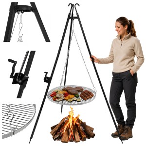 Grill ogrodowy trójnóg 190 cm z rusztem 70 cm ze stali nierdzewnej regulacja wysokości korbką grill nad ognisko i palenisko stabilna konstrukcja do ogrodu na działkę i biwak