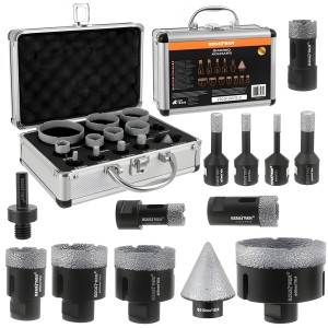 Zestaw 11 otwornic diamentowych 6–68 mm M14 do gresu ceramiki granitu marmuru i betonu z adapterem frezem oraz walizką