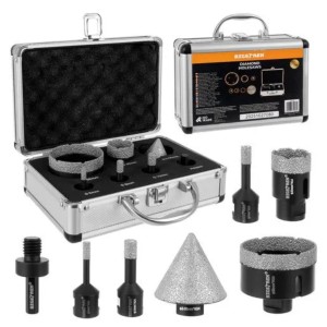 Zestaw otwornic diamentowych 6–68 mm do gresu ceramiki granitu marmuru betonu i kamienia + frez stożkowy 2–50 mm, gwint M14, adapter do wiertarki, nasyp diamentowy 15 mm, wiercenie na sucho i mokro w walizce